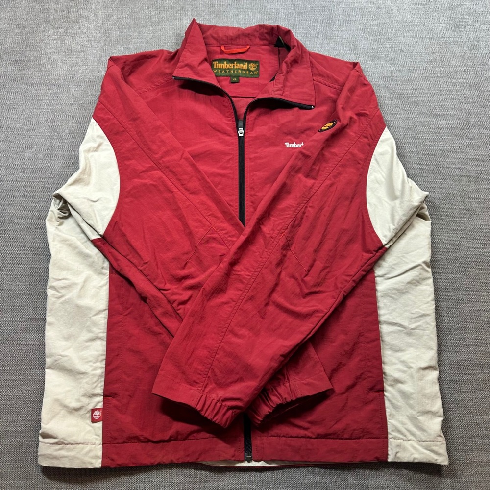 Timberland Windbreaker Jacket Mens XL Red Cream Weathergear Colorblock Zip - Picture 4 of 12
